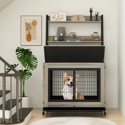 Hivvago Industrial Dog Kennel Dog Crate Furniture With Storage Shelves In Brown