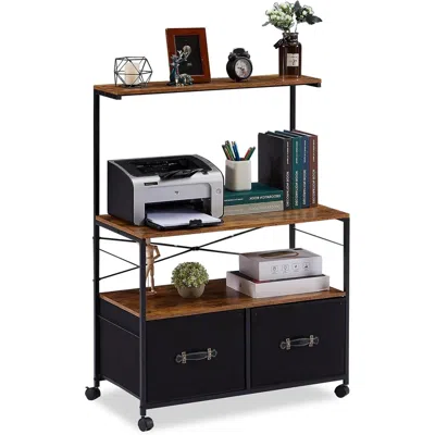 Hivvago Industrial Modern Black Metal Wood Printer Stand File Cabinet W/ Fabric Drawers