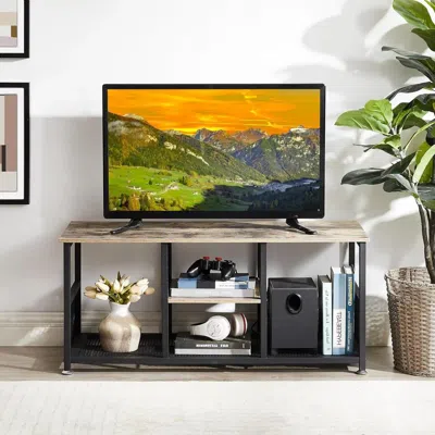 Hivvago Industrial Modern Metal Wood Tv Stand With Media Storage Shelf In Black