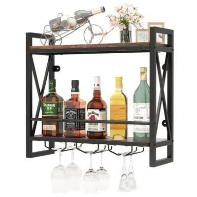 Hivvago Industrial Rustic Brown Wood Metal 2 Tier Wall Mounted Wine Rack In Black