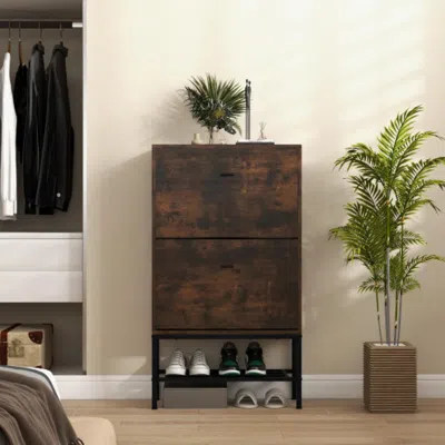 Hivvago Industrial Shoe Storage Cabinet With 2 Flip Drawers And 1 Bottom Metal Shelf-brown