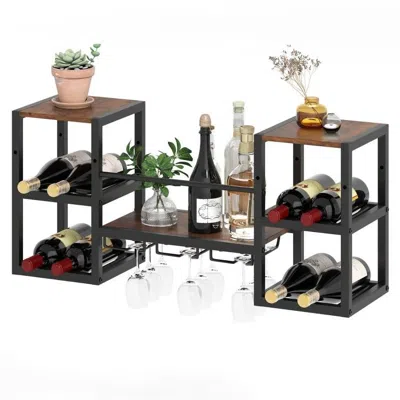 Hivvago Industrial Wood Metal Wall Mounted Wine Rack Shelf With Glass Holders In Brown