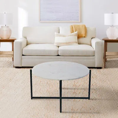 Hivvago Ivy 30 Inch Marble Top Round Coffee Table With Metal Frame, White And Black
