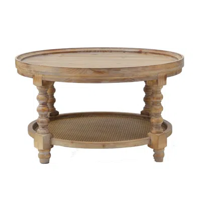 Hivvago Jake 30 Inch Coffee Table, Fir Wood, Lower Tier Woven Wicker Shelf, Brown