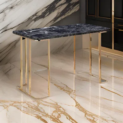 Hivvago Jenny 47 Inch Desk, Usb Power Outlet, Gold Metal Legs, Black Faux Marble