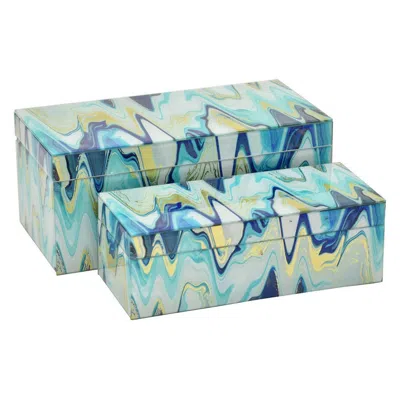 Hivvago Jenny Small Decorative Box Set Of 2, Abstract Marbled Teal Blue Glass In Multi