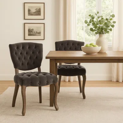 Hivvago Jette Dining Chair Set Of 2, Charcoal Gray Tufted Velvet, Brown Wood