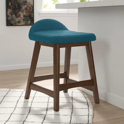 Hivvago Jeyn Counter Stool With Footrest Set Of 2, Brown Hardwood, Blue Seat