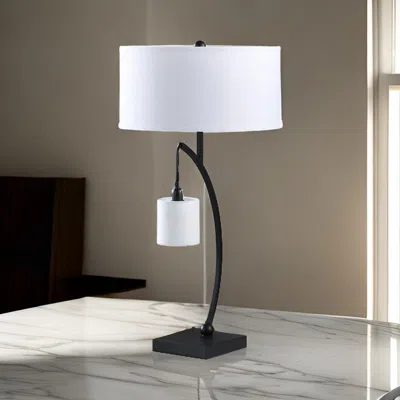 Hivvago Jiya 29 Inch Arc Table Lamp, Hanging Design, 2 White Drum Shades, Black