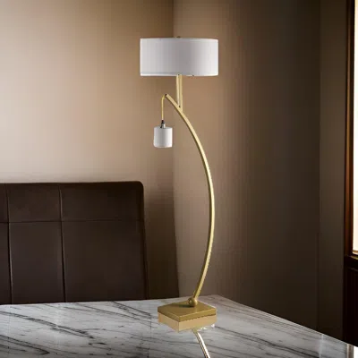 Hivvago Jiya 59 Inch Arc Floor Lamp, Hanging Design, 2 White Drum Shades, Gold