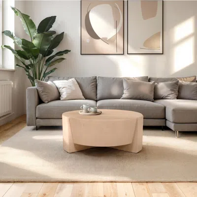 Hivvago Joana Coffee Table, 35 Inch Round Drum Shape With 3 Legs, Sandblasted Natural Brown Mango Wood In Neutral