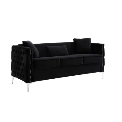 Hivvago Joel 73 Inch Modern Sofa With 3 Pillows, Tufted Black Velvet, Silver Legs