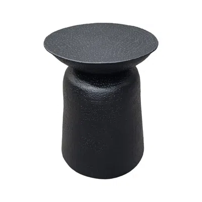 Hivvago Josi 21 Inch Round Side End Table, Handcrafted Hammered Design, Drum Pedestal Aluminum Base, Matte B In Black