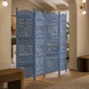 Hivvago Jumbo 4 Panel Folding Room Divider Screen, Antique Blue Mango Wood, Elephant Motif Carved Design In Blue