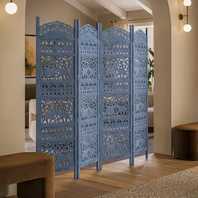 Hivvago Jumbo 4 Panel Folding Room Divider Screen, Antique Blue Mango Wood, Elephant Motif Carved Design