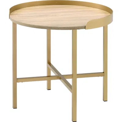 Hivvago Kai 22 Inch Wood End Table, Round Tray Top, Metal Accent, Brown, Brass In Gold