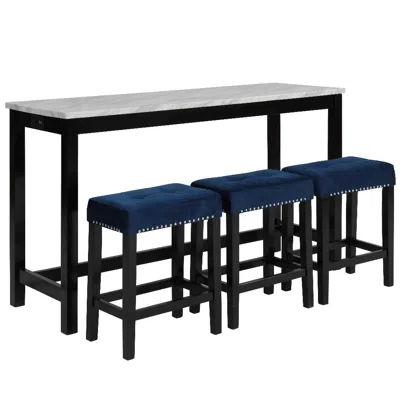 Hivvago Kate 60 Inch 4 Piece Bar Table Set With Upholstered Stools, Blue