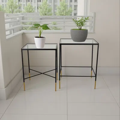 Hivvago Kellie Plant Stand Table Set Of 2, Black Metal With Clear Glass Tops