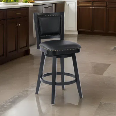 Hivvago Kera Swivel Barstool Chair, Black Wood, Faux Leather, Nailhead Trim