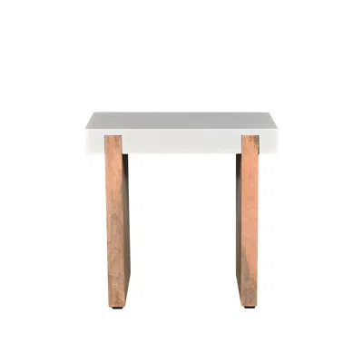 Hivvago Kerry 20 Inch Rectangular End Side Table, Mango Wood, Sled Base, Glossy White, Natural Brown