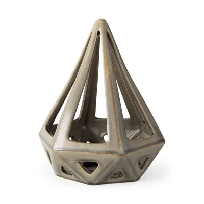 Hivvago Khaki Crackle Glaze Ceramic Conical Sculpture In Gray