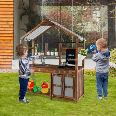 Hivvago Kid's Mud Kitchen Outdoor Solid Wood Mud Kitchen With Canopy-natural In Neutral