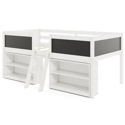 Hivvago Kid Twin Size Low Loft Bed With Chalkboard Ramp Ladder And Bookcases In White