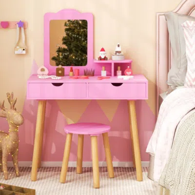 Hivvago Kid Vanity Table Chair Set With Mirror And 2 Large Storage Drawers-pink