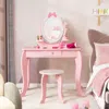 Hivvago Kid Vanity Table Stool Set With Oval Rotatable Mirror-pink