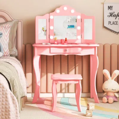 Hivvago Kid Vanity Table Stool Set With Tri-folding Mirror And 3-color Led Lights-pink
