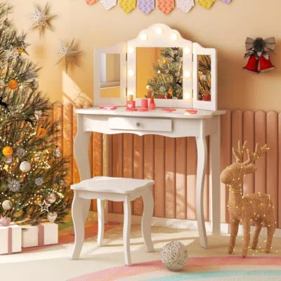 Hivvago Kid Vanity Table Stool Set With Tri-folding Mirror And 3-color Led Lights-white