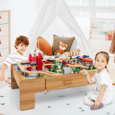 Hivvago Kids Double-sided Wooden Train Table Playset With Storage Drawer