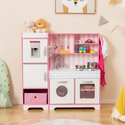 Hivvago Kids Kitchen Playset Wooden Toy With Adjustable Led Lights And Washing Machine-pink