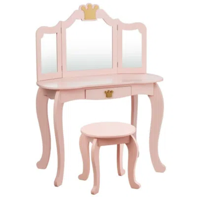 Hivvago Kids Makeup Dressing Table With Tri-folding Mirror And Stool-pink