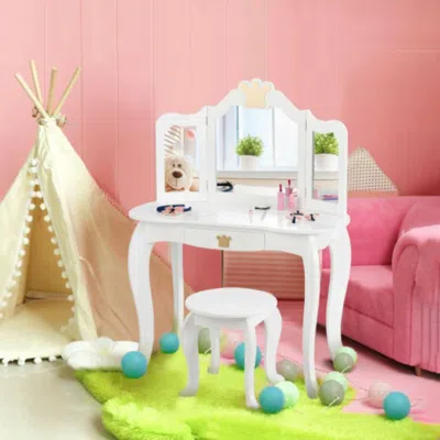 Hivvago Kids Makeup Dressing Table With Tri-folding Mirror And Stool-white