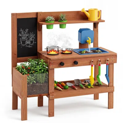 Hivvago Kids Mud Kitchen With Planter Box And Sink And 13 Accessories In Multi