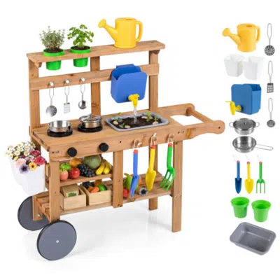 Hivvago Kids Mud Kitchen With Water Tank And Sink And 15 Accessories In Brown