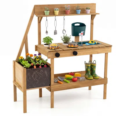 Hivvago Kids Mud Kitchen Wooden Play Kitchen With Planter Box In Brown