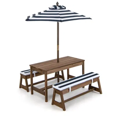 Hivvago Kids Picnic Table And Bench Set With Cushions And Height Adjustable Umbrella-blue
