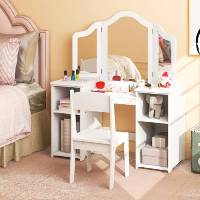 Hivvago Kids Vanity Table And Chair Set With Removable Tri-folding Mirror-white
