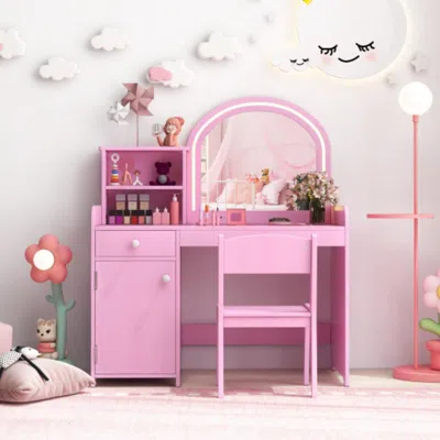 Hivvago Kids Vanity Table And Chair Set With Shelves Drawer And Cabinet-pink