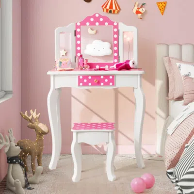 Hivvago Kids Vanity Table And Stool Set With Cute Polka Dot Print-pink