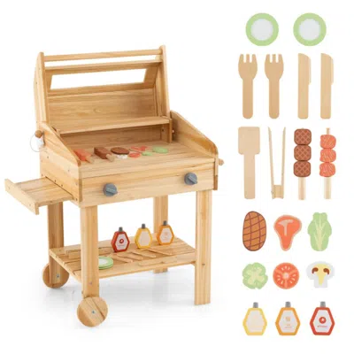 Hivvago Kids Wooden Barbecue Grill Playset Pretend Kitchen With Food And Wheels-natural