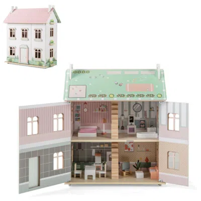 Hivvago Kids Wooden Dollhouse 3 Level With Double-sided Roofs And Doors-pink