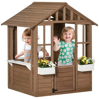 Hivvago Kids Wooden Playhouse With Working Doors, Windows & Flower Pot Holder