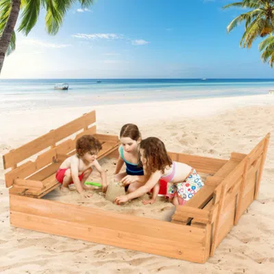 Hivvago Kids Wooden Sandbox With 2 Foldable Bench Seats In Brown