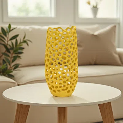 Hivvago Kifa Flower Vase, Modern Cutout Textured Look, 15 Inch Yellow Ceramic