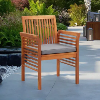 Hivvago Kim Outdoor Dining Chair, Slatted Solid Acacia Wood, Gray Cushion In Brown