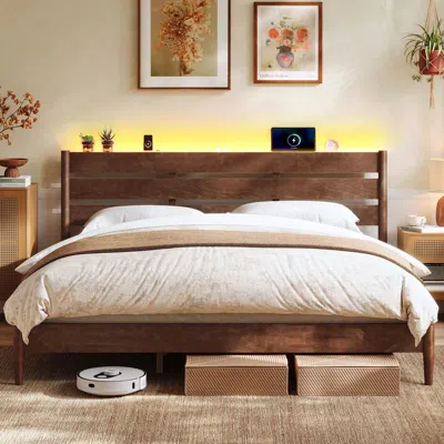 Hivvago King Bed Frame With Headboard, Led Lights, Charging Station, Storage Shelf, Coffee Brown