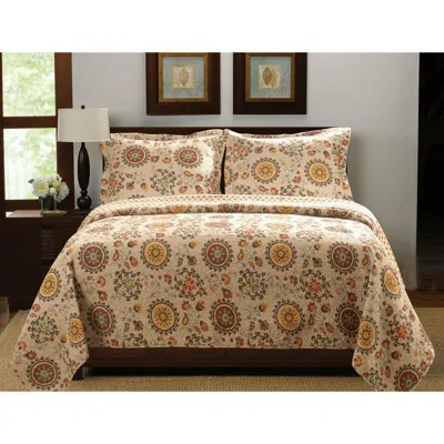 Hivvago King Retro Moon Shaped Floral Medallion Reversible 3 Piece Quilt Set In Orange